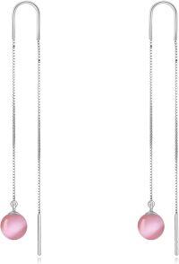 wholesale Sterling Silver Nature Stone Ball Threader Drop Earrings-Pink opal threader earrings