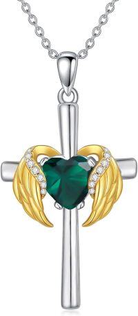 wholesale  Metal Cubic Zirconia Angel Wing Cross Necklace with Heart Birthstone 0 06cttw -05.Emerald-May