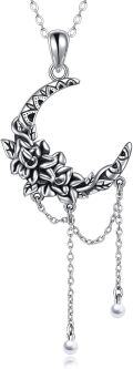 wholesale 925 Sterling Silver Gothic Witch Moon & Flower Pearl Tassel Pendant Necklace for Women Girls-0-0