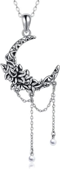 wholesale 925 Sterling Silver Gothic Witch Moon & Flower Pearl Tassel Pendant Necklace for Women Girls-chain rose crescent