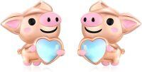 wholesale 925 Sterling Silver Heart-Shaped Pink Pig Stud Earrings with Blue Stone Accents-Pig