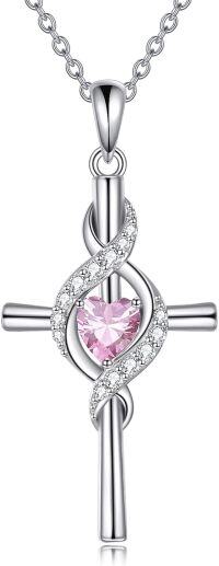 wholesale 925 Sterling Silver Birthstone Cross Pendant Necklace for Women-October-Pink
