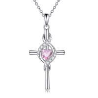 wholesale 925 Sterling Silver Birthstone Cross Pendant Necklace for Women-October-Pink