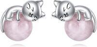 wholesale 925 Sterling Silver Black Cat Stud Earrings with Birthstone-A-Cat Rose Quartz Stud