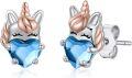 wholesale 925 Sterling Silver Heart-Shaped Blue Crystal Unicorn Stud Earrings for Kids Adults-0-0