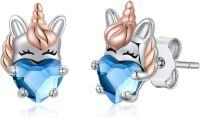 wholesale 925 Sterling Silver Heart-Shaped Blue Crystal Unicorn Stud Earrings for Kids Adults-Light Blue
