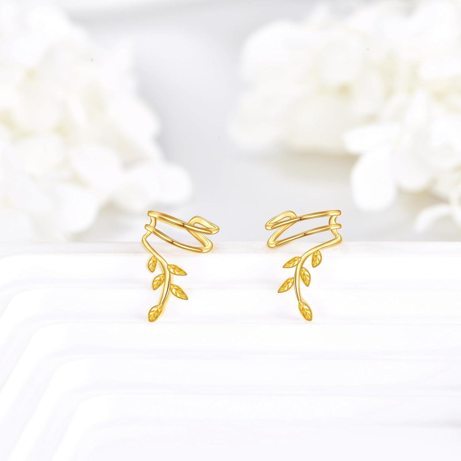 14K Gold Leaf Vine Ear Cuffs - 2Pcs Non-Piercing Wrap Around Cartilage Hoop Earring Set for Women-0-3