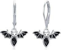 wholesale 925 Sterling Silver Black Crystal Bat Drop Earrings for Women Girls Halloween Costume Accessories Gift-Bat Leverback Earrings
