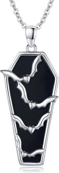 wholesale 925 Sterling Silver Black Onyx Coffin with Bats Pendant Necklace-Bat Coffin