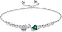 wholesale 925 Sterling Silver Rose Flower Birthstone Bolo Bracelet for Women-05-May-Emerald
