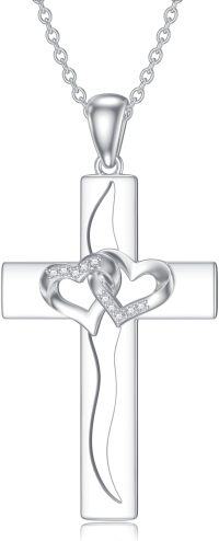 wholesale 925 Sterling Silver Heart and Cross Pendant with Cubic Zirconia Necklaces for Women s 45cm Chain Length-Type 4