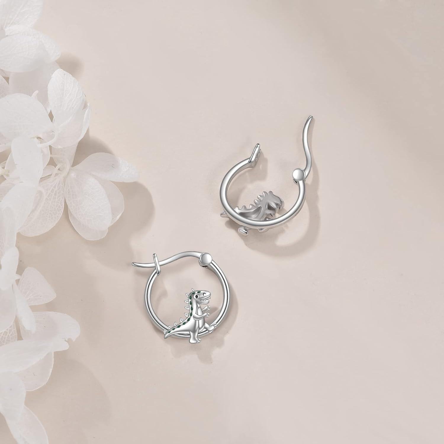 wholesale 925 Sterling Silver Dinosaur Hoop Earrings - Cute Animal  for Women and Girls-0-3