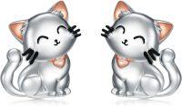 wholesale 925 Sterling Silver Cat Stud Earrings with Heart Charm - Cute Kitty  for Women Girls-Cat