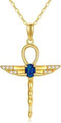 wholesale 14K Gold Ankh with Blue Stone and Wings Pendant Necklace for Women - 20 Chain-0-0