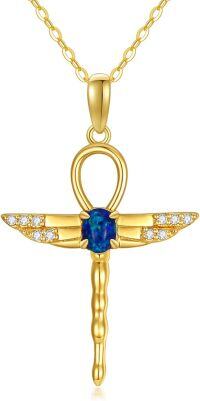 wholesale 14K Gold Ankh with Blue Stone and Wings Pendant Necklace for Women - 20 Chain-B-Ankh