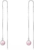 wholesale 925 Sterling Silver Pink Pearl Long Chain Threader Dangle Earrings Wholesale-0-0