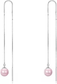 wholesale 925 Sterling Silver Pink Pearl Long Chain Threader Dangle Earrings Wholesale-Pink pearl threader earrings