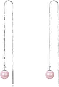 wholesale Sterling Silver Nature Stone Ball Threader Drop Earrings-Pink pearl threader earrings