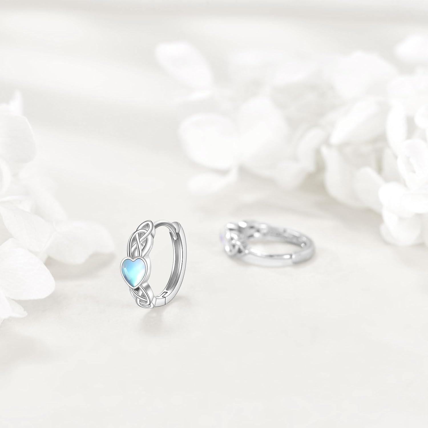 wholesale 925 Sterling Silver Heart-Shaped Celtic Knot Huggie Hoop Earrings with Blue Moonstone and White Opal Accents-0-1