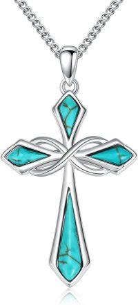 wholesale 925 Sterling Silver Genuine Turquoise Cross Necklace for Women Infinity Pendant Jewelry Green Stone Gift for Wife Mom Sister Girlfriend-Turquoise