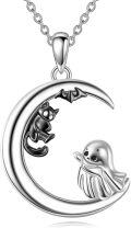 wholesale 925 Sterling Silver Bat & Ghost Crescent Moon Charm Necklace - Halloween Gifts for Women Girls-0-0