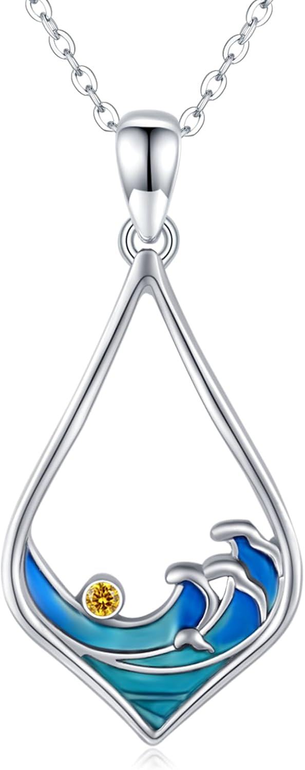 wholesale 925 Sterling Silver Teardrop Dolphin Ocean Wave Pendant Necklace with Blue Enamel and Yellow Crystal - Beach  for Women-0-0