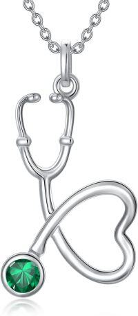 wholesale 925 Sterling Silver Clear Birthstone Heart Stethoscope Pendant Necklace for Nurse-5-May-Emerald