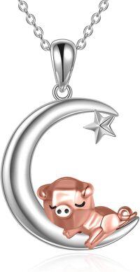 wholesale 925 Sterling Silver Crescent Moon with Rose Gold Pig Pendant Necklace for Women-moon star pig
