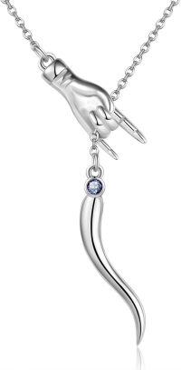 wholesale 925 Sterling Silver Birthstone Italian Horn Hand Necklace Cornicello Mano Cornuto Good Luck Amulet Pendant for Women-09-Sept-Created Sapphire