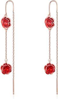 wholesale 925 Sterling Silver Red Rose Long Drop Earrings for Women Gift Jewelry Accessories-Rose