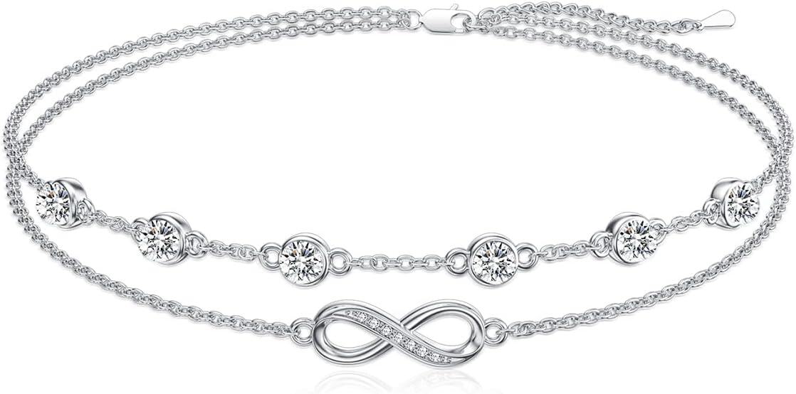Sterling Silver Birthstone Women s Anklet Bracelets Infinity Butterfly Evil Eye Turtle Pineapple Starfish Heart-Infinity 04-White Topaz-Anklet 9"-11"