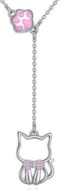 wholesale 925 Sterling Silver Pink Enamel Cat Paw & Bow Tie Pendant Lariat Necklace for Women and Girls-0-0