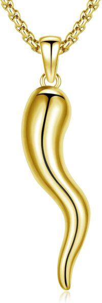 wholesale 925 Sterling Silver Plated Gold  Italian Horn Pendant Luck Charm Necklace 24 Chain-Yellow Gold