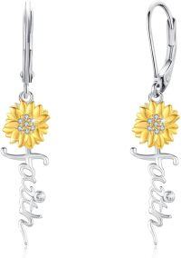 wholesale 925 Sterling Silver Yellow Gold Plated Sunflower Faith Cross Leverback Huggies earrings for Women Girls-christian
