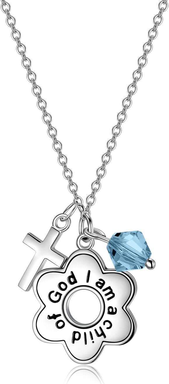 Sterling Silver Daisy Child of God Necklace for Girls Baptism Communion Birthday-Simulated Aquamarine