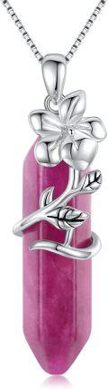 wholesale 925 Sterling Silver Pink Ruby Quartz Healing Stone Pendant Necklaces with Orchid Charm - Mothers Day Gifts for Mom Daughter Wife Sister Friends-0-0