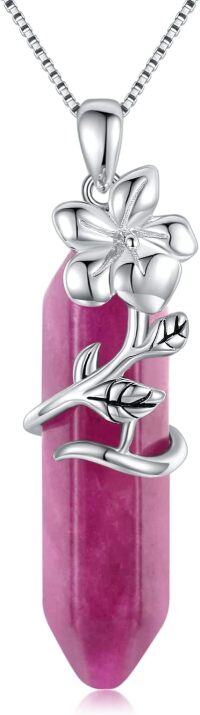 wholesale 925 Sterling Silver Pink Ruby Quartz Healing Stone Pendant Necklaces with Orchid Charm - Mothers Day Gifts for Mom Daughter Wife Sister Friends-02-Feb-Violet