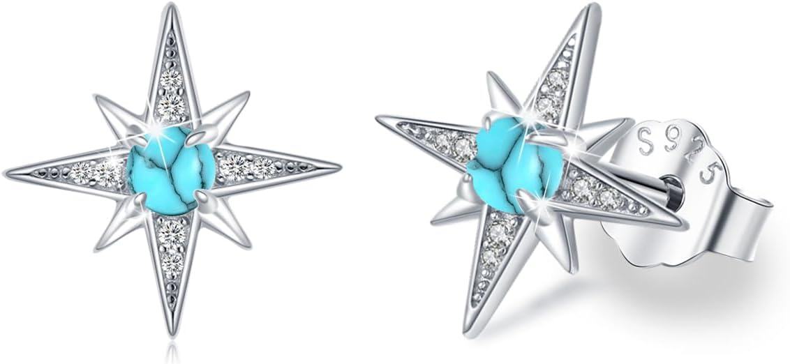 Sterling Silver Moonstone Birthstone Opal Star Planet Panda Whale Heart Earrings for Women -Turquoise Star Stud Earrings