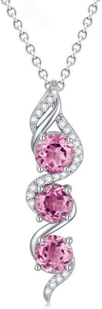 wholesale Sterling Silver 5mm Round Cut Three Birthstone Pendant Necklace w 18+2 Chain-Pink