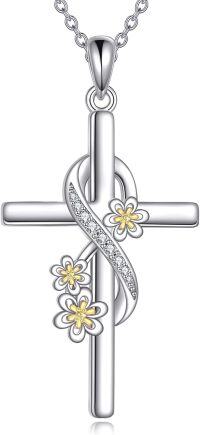 wholesale 925 Sterling Silver Floral Cross Pendant with Cubic Zirconia and Chain for Women-A-Daisy