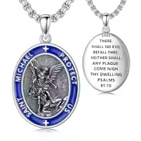 TOUPOP 925 Sterling Silver Stainless Steel Saint Medal Protection Necklace-style_name:A-St Michael Necklace Blue
