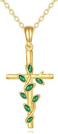 wholesale 14K Gold Olive Branch Cross Pendant with Green Stones - Religious s for Women-tree