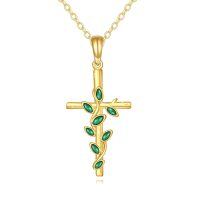 wholesale 14K Gold Olive Branch Cross Pendant with Green Stones - Religious s for Women-tree