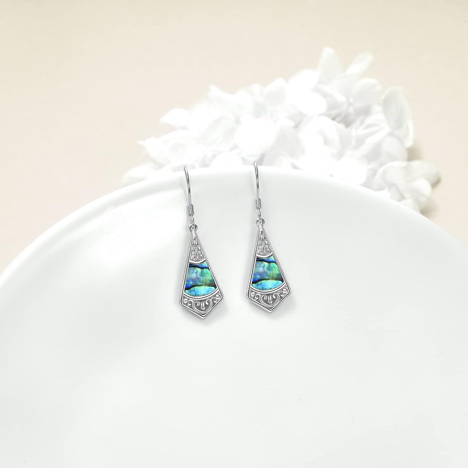 925 Sterling Silver Heart-Shaped Abalone Shell Tree of Life Dangle Earrings with Cubic Zirconia Accents for Women-0-5