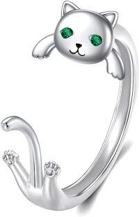 wholesale 925 Sterling Silver Gold Plated Black Cat Open Ring for Women Men-White Cat Ring