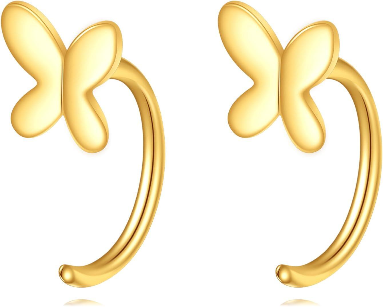 14K Gold Stone Dainty Half Hoop Huggie Earrings Cute Animal Jewelry Gifts for Women-Butterfly