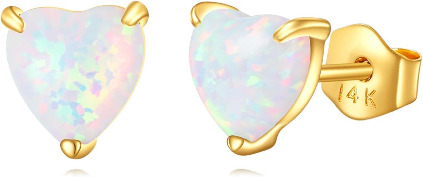 wholesale 14K Gold Heart-Shaped White Opal Stud Earrings - Solid 14K Gold Jewelry for Women-0-0