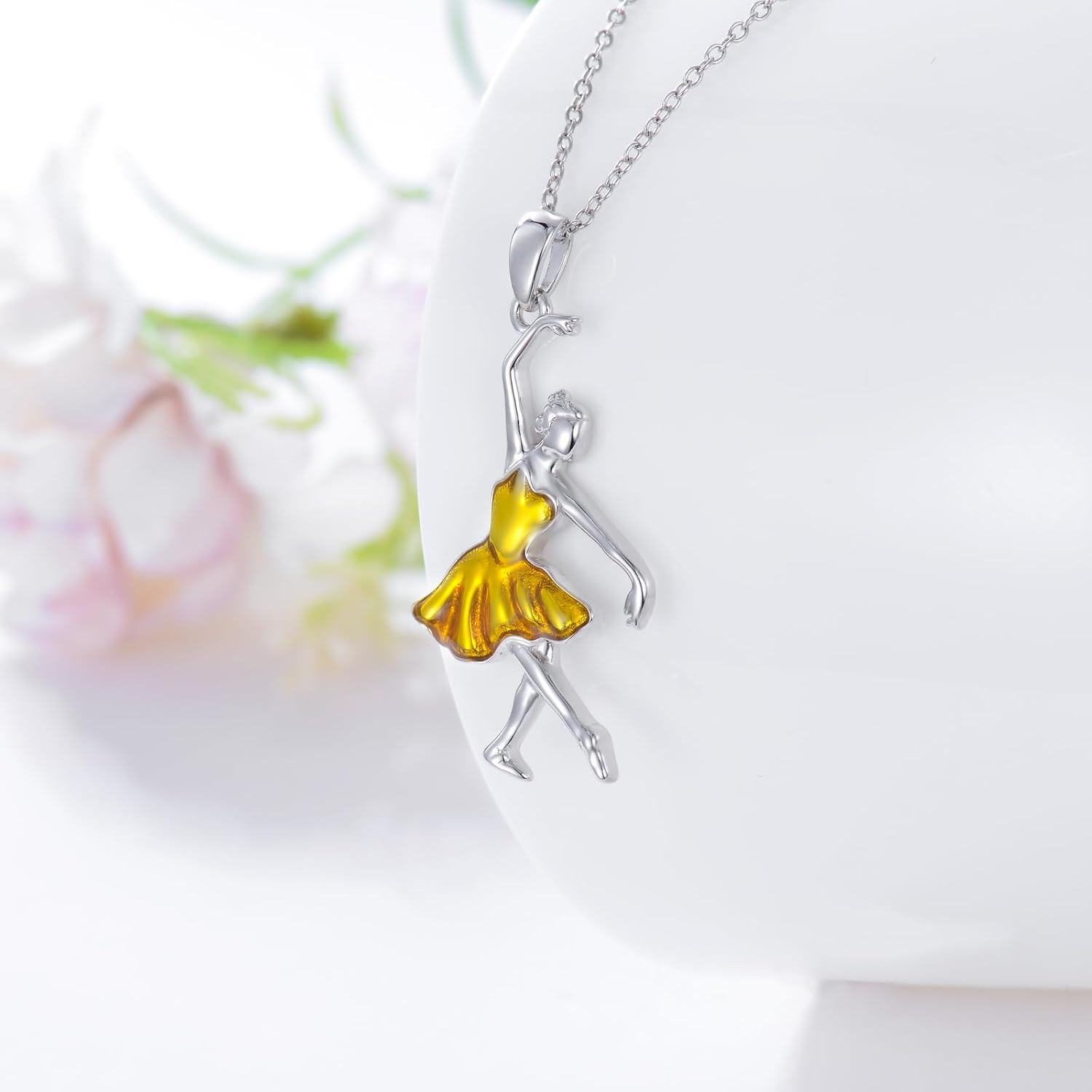 925 Sterling Silver Yellow Enamel Ballet Dancer Pendant Necklaceèèåå é¡¹é¾å¥³ç¤¼ç©å£è¯èé¥°å-0-1