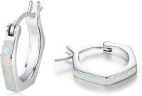 wholesale 925 Sterling Silver Square Opal Huggie Hoop Earrings for Women - 3 Colors (Blue/Pink/White)-White Opal Geometric Hoop Earrings