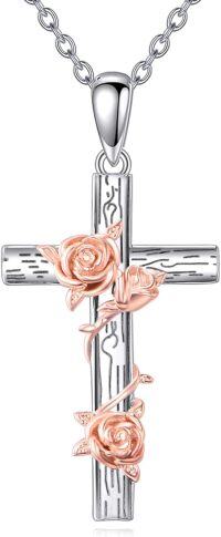 wholesale 925 Sterling Silver Rose Gold Plated Flower Cross Pendant Necklace for Women-Rose